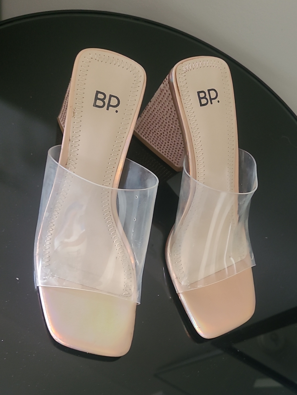 bp Iridescent Nude Block Heel Mules with Clear Strap